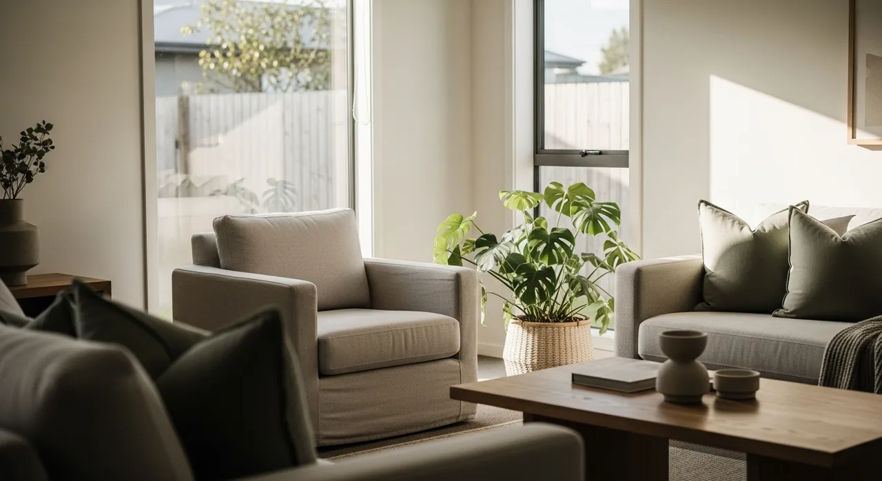 A calm, light-filled living space ready for an in-home wellness consultation