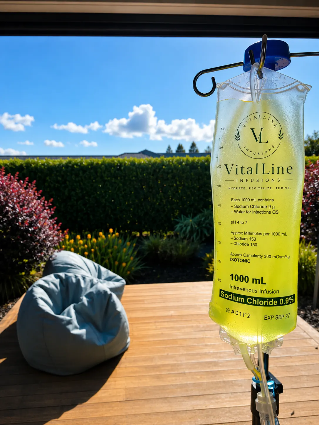 A branded VitalLine Infusions IV bag hanging at a client's home with a sunlit garden view